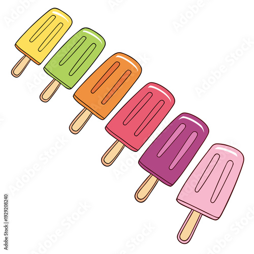 Set of six colorful popsicle ice cream treats arranged diagonally on white background, refreshing summer dessert variety