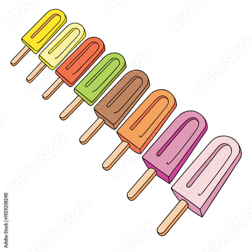 Collection of eight colorful popsicle ice cream treats arranged diagonally on white background, summer dessert variety
