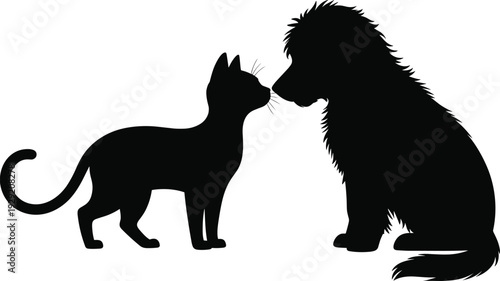 Cat and dog silhouette touching noses in tender pose isolated on white background, domestic pet friendship and love concept vector