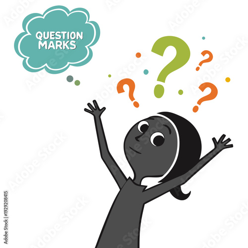 Person looking up with many colorful question marks floating above their head, thought bubble with text question marks, confusion or curiosity, pondering, seeking answers