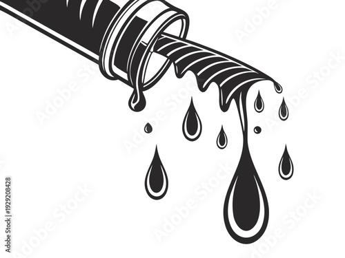 Black and white illustration of liquid dripping from a hose or pipe, representing leaks, fluid, or industrial processes, oil, water, or other viscous substance flow