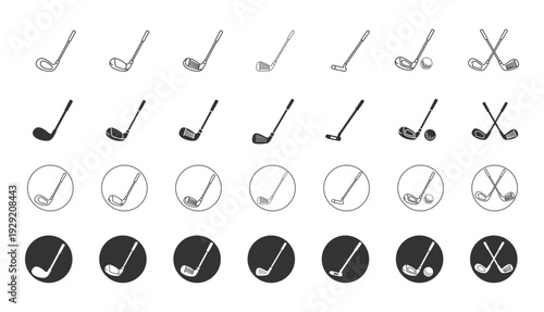 Golf Club Icons Set.Golf Equipment Vector Icons.Line Art and Solid Silhouette Vector Collection