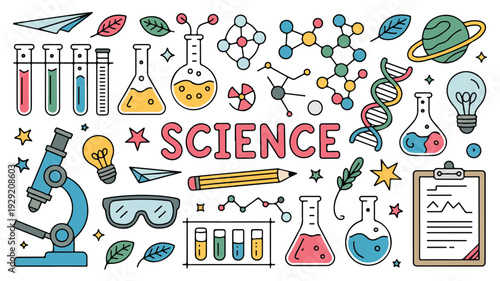 Colorful science icons and symbols on white background for educational materials