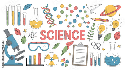 Colorful science illustrations with lab equipment and symbols on white background