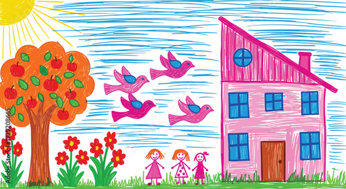 Colorful child drawing vector illustration featuring a pink house, apple tree, flying birds, and happy family for elementary school education.