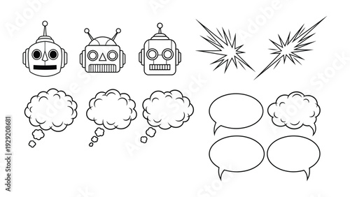 Cartoon Robot Expressions and Chat Bubbles: A collection of charming robot faces and dynamic chat bubbles, offering a playful peek into digital communication and imaginative interaction.
