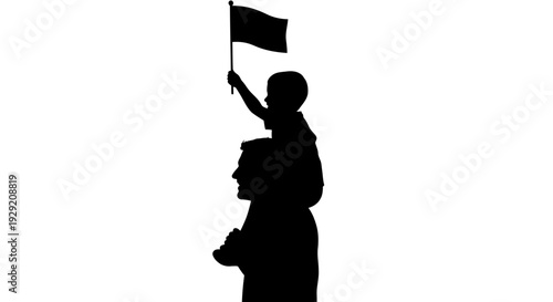 Father carrying child on shoulders holding flag silhouette vector isolated on White Background