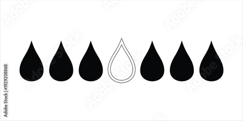 Seven stylized teardrop or raindrop shapes in a row