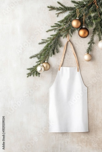 Festive kitchen apron hanging by christmas tree with ornaments