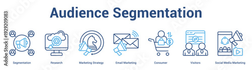 Audience Segmentation web banner icon set vector illustration concept for business with icon of Segmentation, Research, Marketing Strategy, Email Marketing, Consumer, Visitors, Soc.