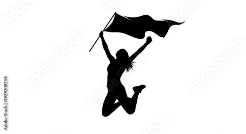 Jumping Woman Silhouette Holding Waving Flag Vector isolated on White Background
