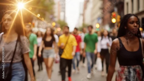 People Walking on City Street with Bright Sunlight