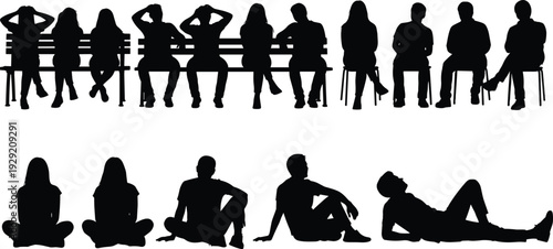 Collection of people silhouettes sitting on benches chairs and ground in various relaxed poses for community social gathering public space and lifestyle design