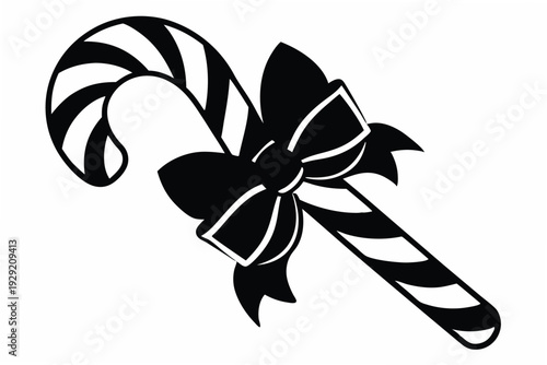 christmas candy cane with bow silhouette line art vector illustration