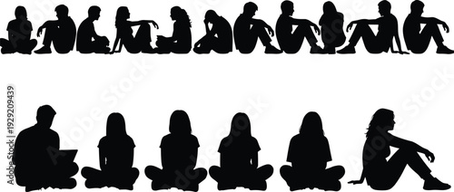 Collection of sitting silhouette figures featuring men and women in various relaxed poses, isolated on white background for lifestyle, education, presentation, and creative design projects.