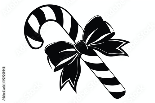 christmas candy cane with bow silhouette line art vector illustration