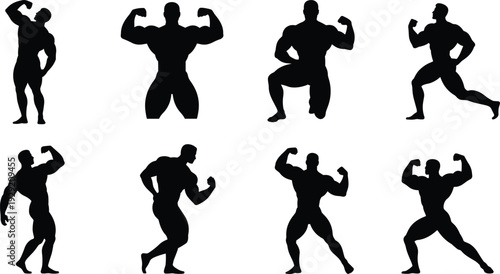 Bodybuilder silhouette set, muscular male fitness athlete flexing poses isolated on white background, bodybuilding sport vector illustration collection