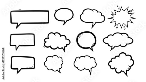 Dialogue Bubbles: A variety of speech bubbles showcase a world of communication, perfect for illustrating diverse thoughts, conversations, and narratives. 