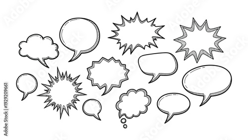 Dialogue Bubbles: A collection of various hand-drawn dialogue bubbles, perfect for conveying thoughts, ideas, and conversations.