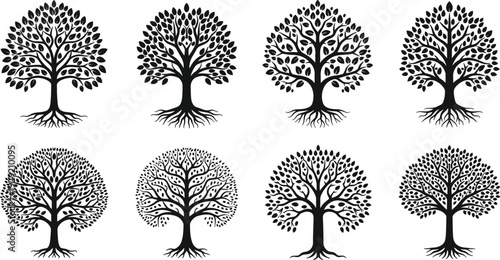 Tree Silhouette Set with Detailed Leaves and Roots Isolated on White Background Nature Vector Illustration Collection