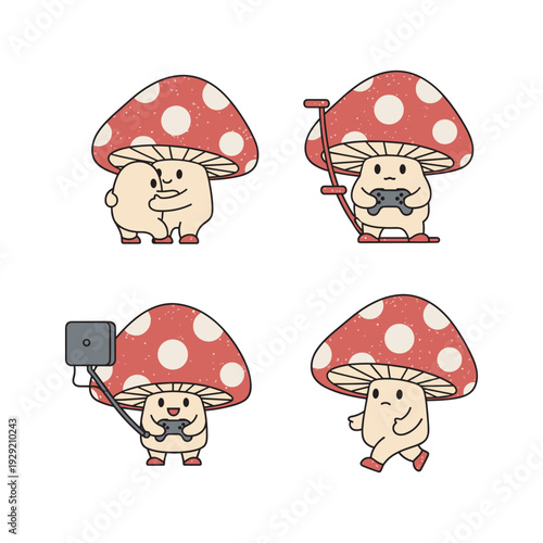 four cartoon rabbits with mushroom hats taking selfies