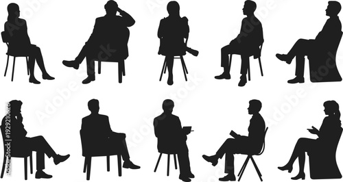Business people sitting silhouettes collection, men and women interview poses, professional meeting characters isolated on white background vector illustration set