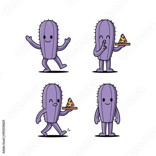 Cactus character set with different emotions and nachos in a minimalist style