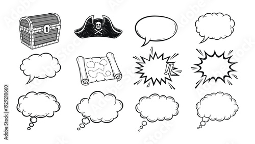 Pirate Treasure Trove: A treasure chest, pirate hat, and map lay together along with thought bubbles and explosion effects ready for a pirate themed project.