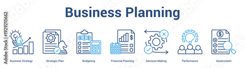 Business Planning web banner icon set vector illustration concept for business with icon of Business Strategy, Strategic Plan, Budgeting, Financial Planning, Decision Maki.