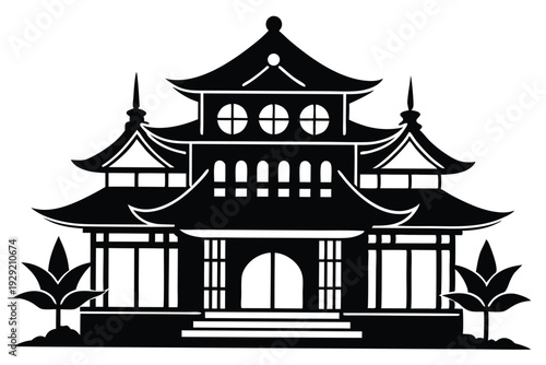 chinese house silhouette line art vector illustration