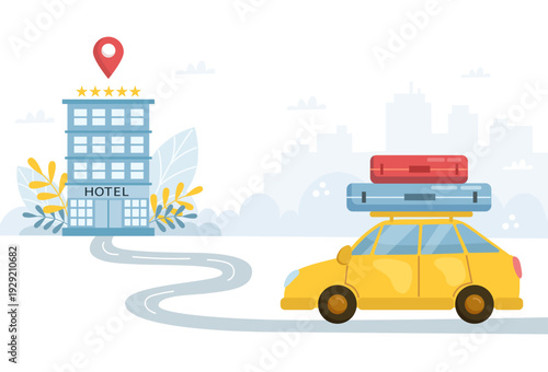 Flat vector illustration  with a car driving along the road to the hotel on a light background 