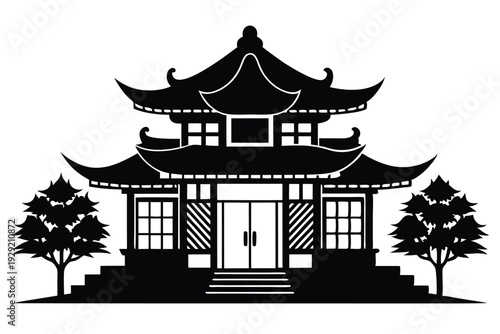 chinese house silhouette line art vector illustration