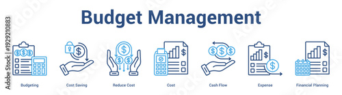 Budget Management web banner icon set vector illustration concept for business with icon of Budgeting, Cost Saving, Reduce Cost, Cost, Cash Flow, Expen.