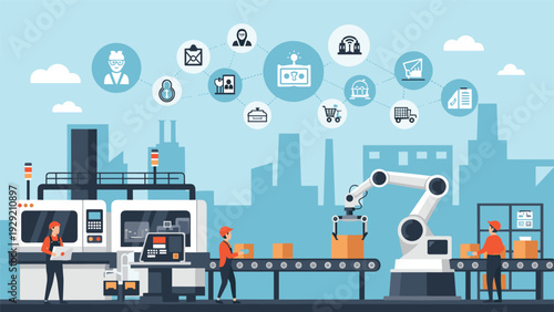 Smart factory floor with robotic arm and process icons for industrial automation logistics and production management.