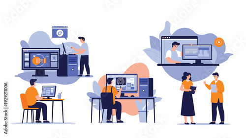 Creative professionals working on digital illustrations and graphic designs using computers and tablets in modern office and remote settings.