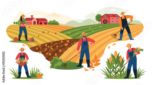 Hardworking farmers harvesting various crops including corn pumpkins and wheat in beautiful rolling landscape with red barn in background.