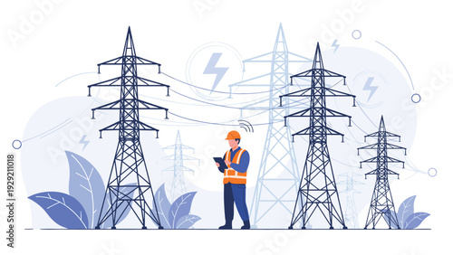Electrical engineer in safety gear using a tablet to inspect high voltage power lines and towers at an energy site.