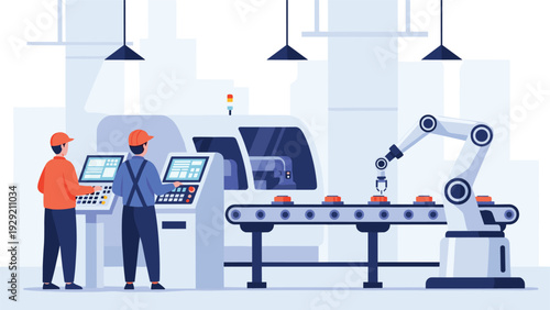 Industrial workers in helmets monitoring an automated manufacturing machine with robot arm in a modern factory plant.