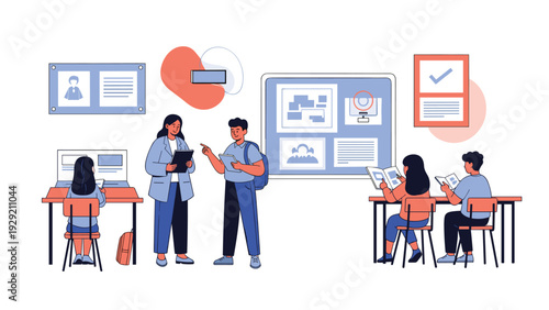 Teacher and students interacting in modern classroom equipped with digital boards and computers for collaborative learning experience.