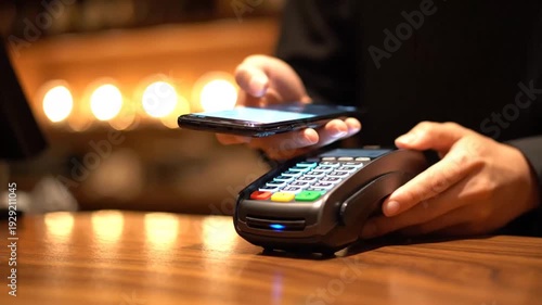 Person using phone for contactless payment at POS.