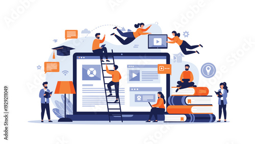 Online learning concept with diverse students interacting with a large laptop and various educational tools for remote study programs.