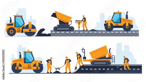 Heavy duty road construction machinery and workers engaged in paving building and repairing asphalt surfaces in city environment.