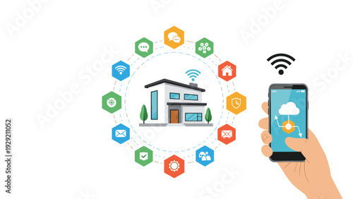 Concept of smart home automation with various interconnected security and utility icons surrounding a house controlled by a mobile smartphone.