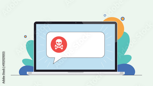 Cybersecurity alert on a laptop screen showing a skull and crossbones icon representing malware or a serious system virus attack.
