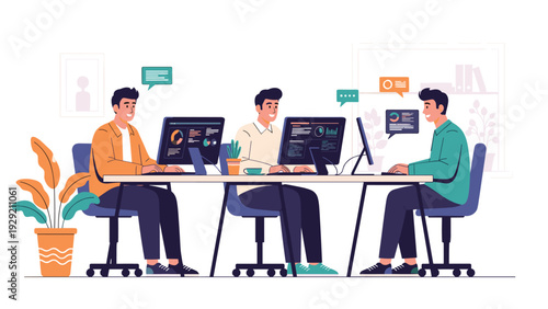 Team of three professional software developers working on complex data analysis and coding at their desks in a modern office environment.