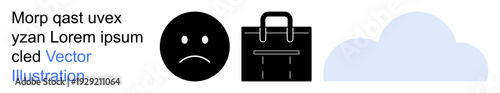 Emotions, work, weather, challenges, feelings, design. A sad face, briefcase and cloud arranged in a minimalist style. Emotions and work-related through simple symbols
