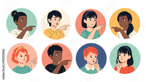 Collection of diverse people in circular portraits shown pointing their fingers in various directions with different facial expressions.