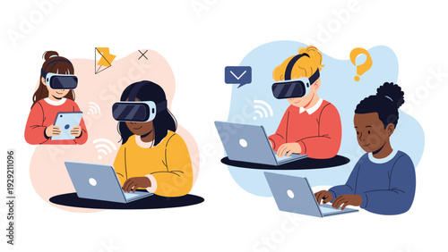 Group of young students wearing virtual reality headsets and using laptops for futuristic technology based educational research.