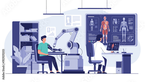 Medical professional supervising a patient with an advanced robotic prosthetic arm in a high-tech healthcare laboratory setting.
