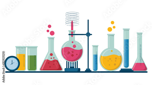 Laboratory equipment and glassware for chemistry experiments on a shelf